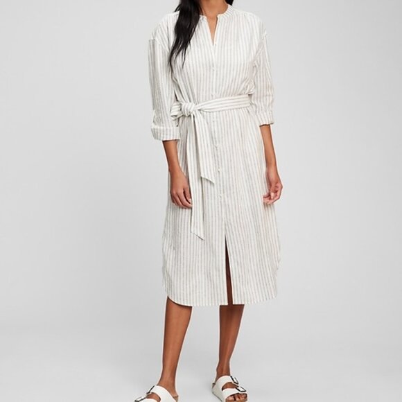 GAP Dresses & Skirts - Gap Linen Blend Belted Shirtdress Sundress Button Down Striped Ivory Rayon